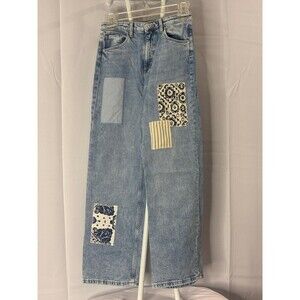 H&M Girls Size 14 Wide Leg High Waist Patchwork Jeans Light Wash Denim